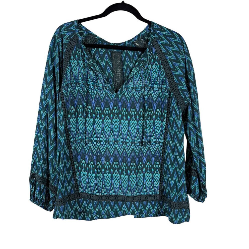 Prana Green Chevron 100% Modal Lightweight 3/4 Sleeve Blouse Women's Size Large